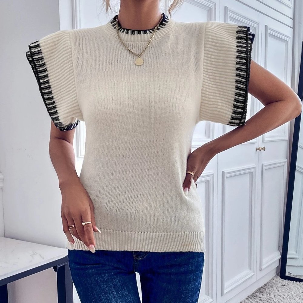 beige ribbed knit contrast binding sweater vest chic preppy classy - Picture 7 of 7